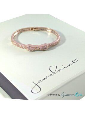 Jewelmint Gold Tone Bow Bracelet Rhinestone Pave Hinged Bangle Signed